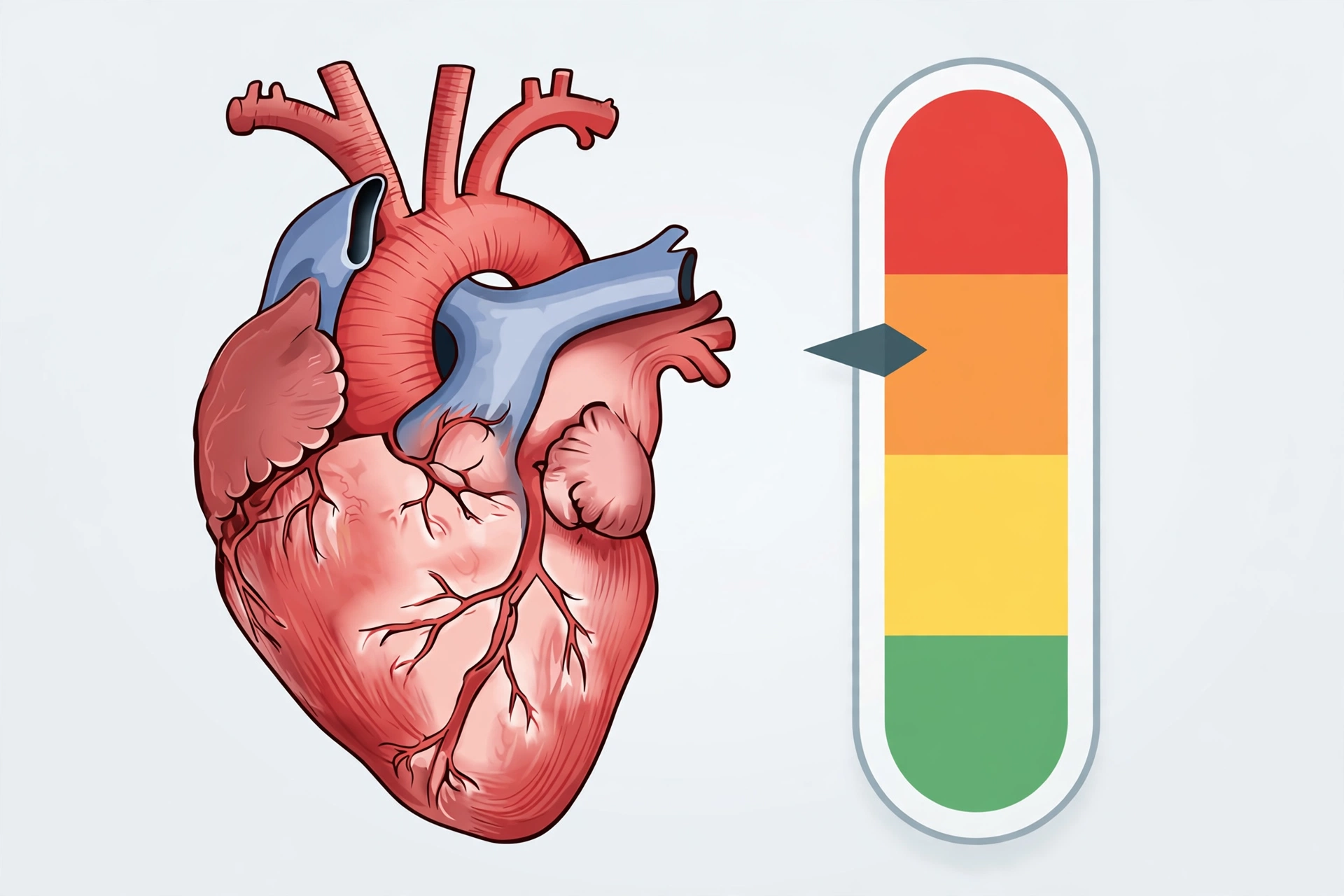 Illustration of a heart beside a green-to-red risk gauge representing CAC score levels from no detectable calcium to extensive calcified plaque burden