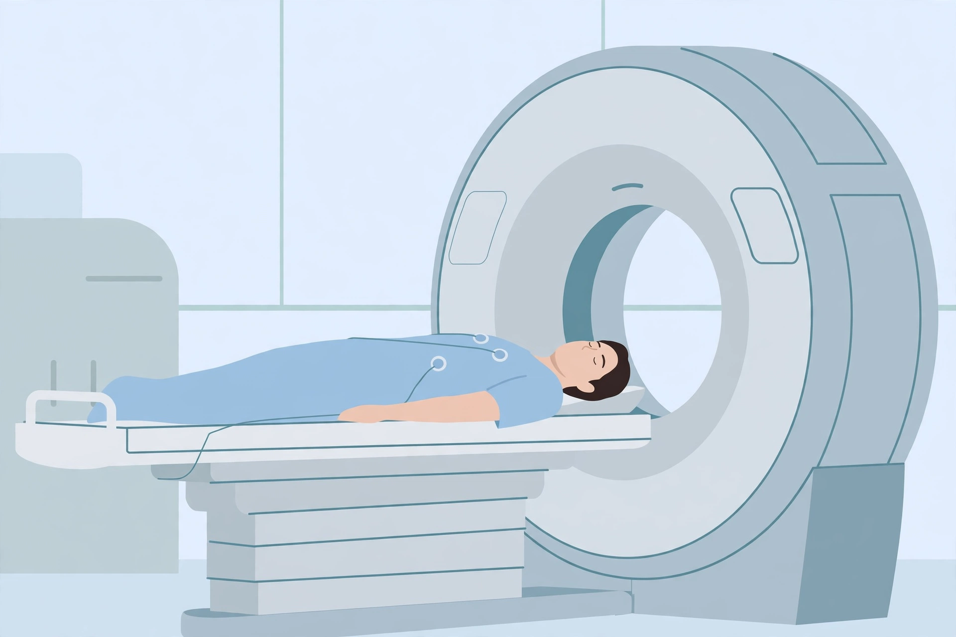 Illustration of a patient lying on a CT scanner table with ECG leads during a calcium score test