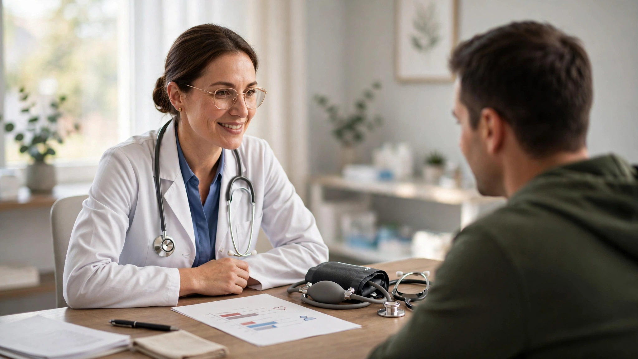Doctor discussing heart age results with a patient during a clinic visit, pointing to a health report
