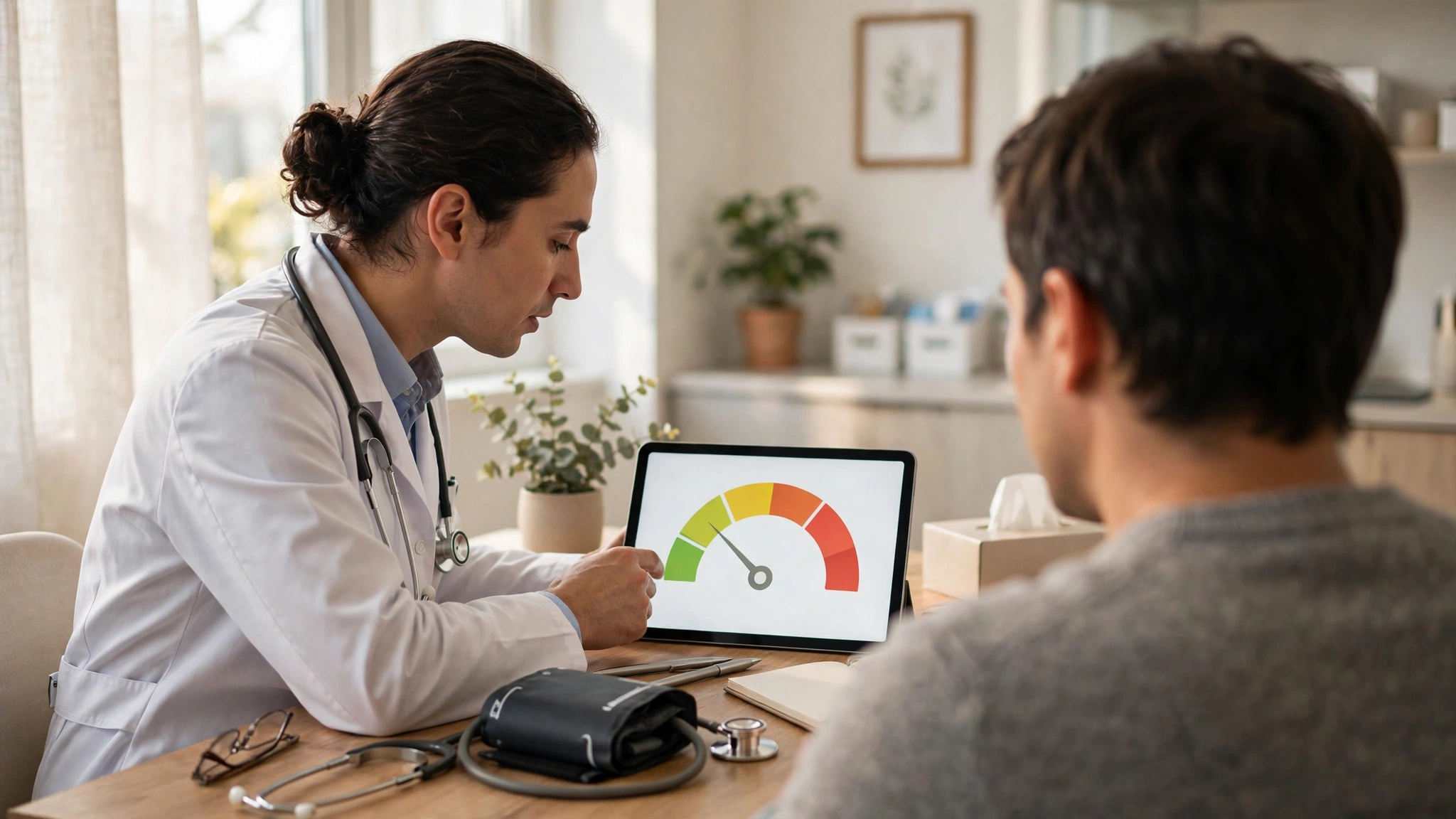 Doctor showing a patient their heart health report on a tablet during a clinic consultation