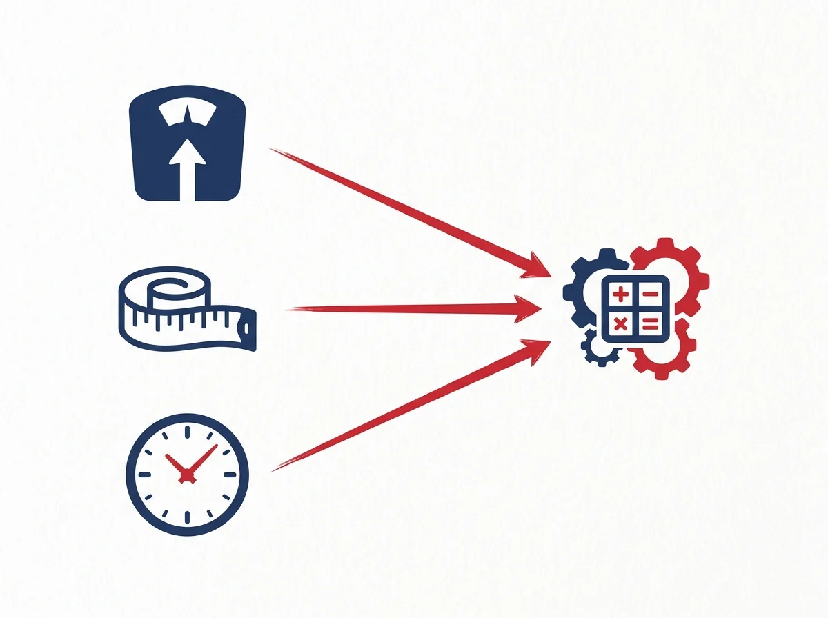 Minimalist medical icons showing weight, height, and age as the primary variables for calculating resting energy expenditure.
