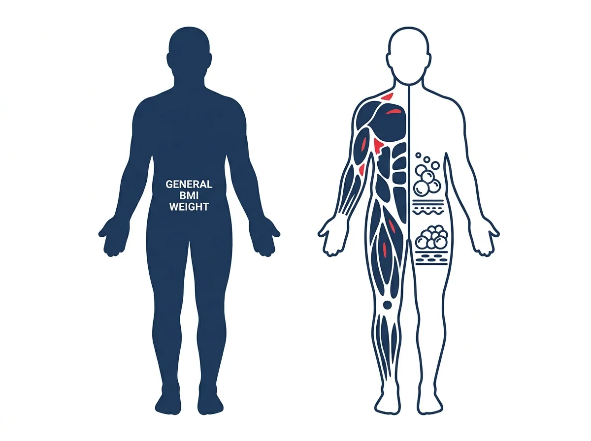 Vector diagram comparing two identical body shapes with different compositions, illustrating why body fat percentage is more accurate than BMI.