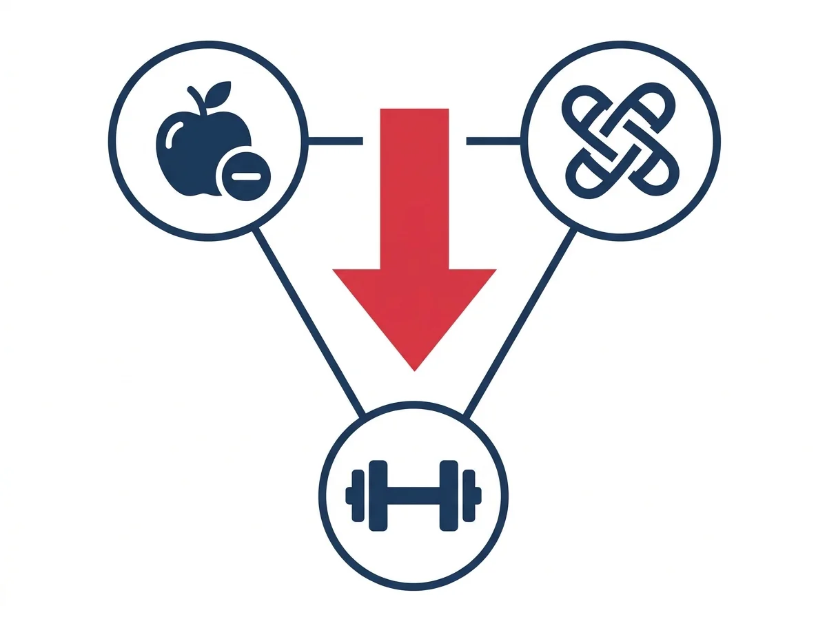 Vector infographic showing the three pillars of healthy body fat reduction: calorie deficit, protein intake, and resistance training.