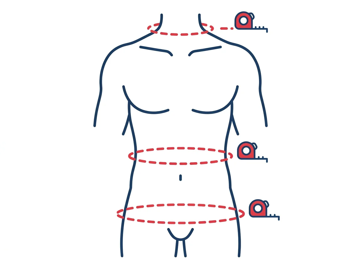 Anatomical vector guide showing the correct placement of a measuring tape around the neck, waist, and hips for the U.S. Navy Body Fat method.