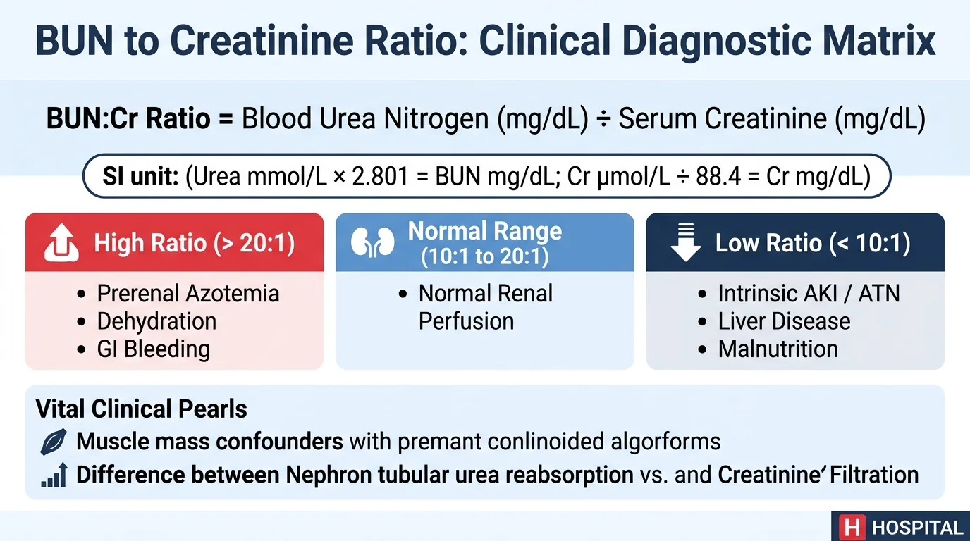 BUN to creatinine ratio clinical diagnostic matrix, formula, and interpretation infographic