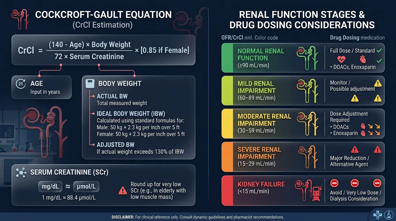 Cockcroft-Gault Equation Variables and Renal Function Stages Infographic