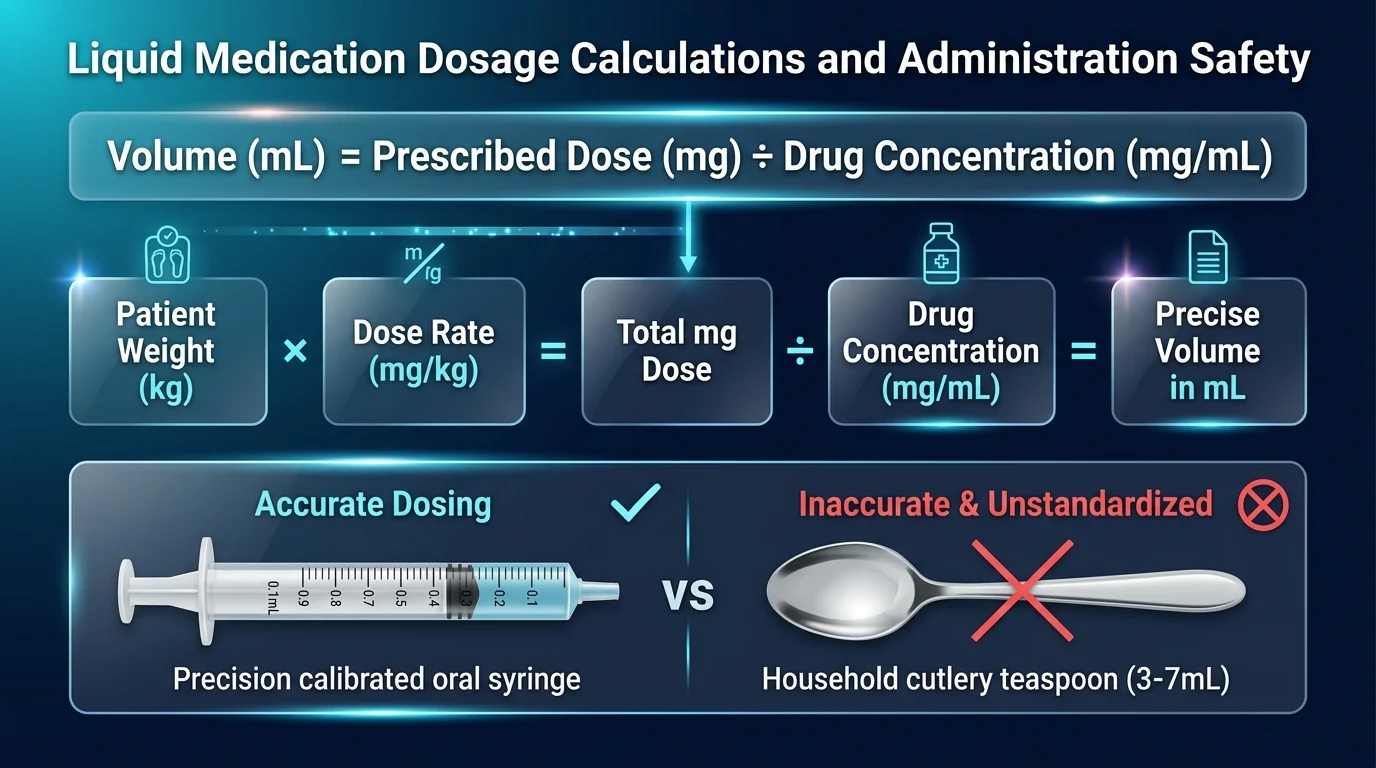 Liquid medication dosage calculations and administration safety infographic
