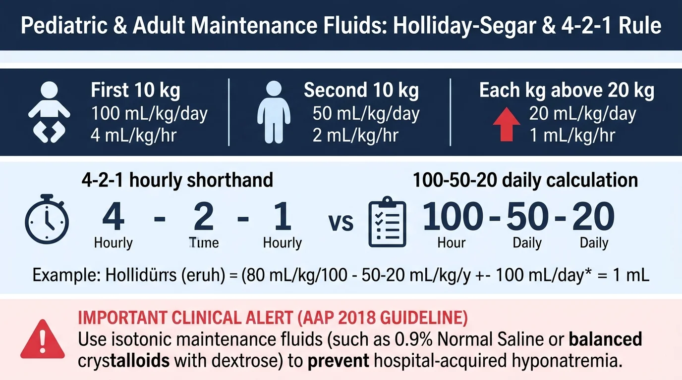 Pediatric and adult maintenance fluid calculation matrix, 4-2-1 rule, and Holliday-Segar method infographic