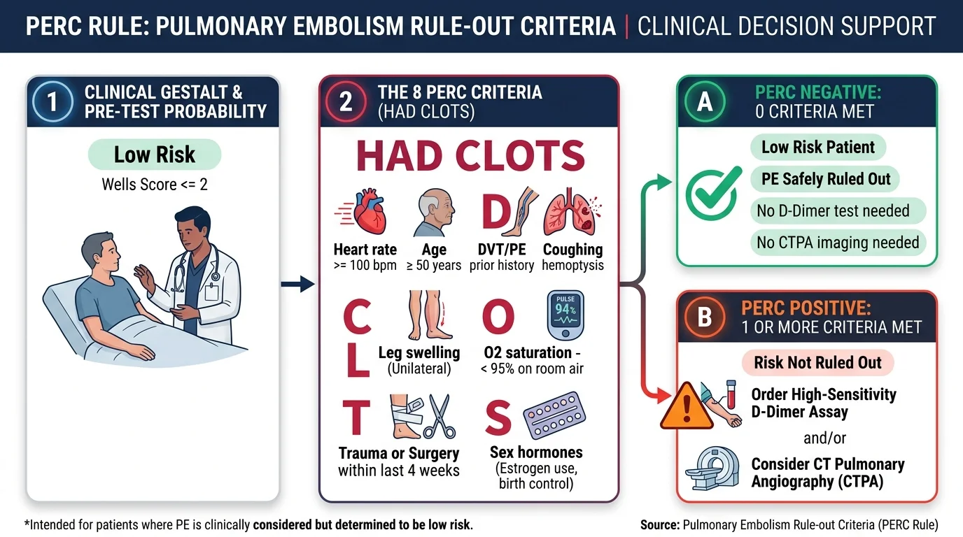 PERC Rule Pulmonary Embolism Rule-out Criteria Clinical Decision Algorithm Infographic