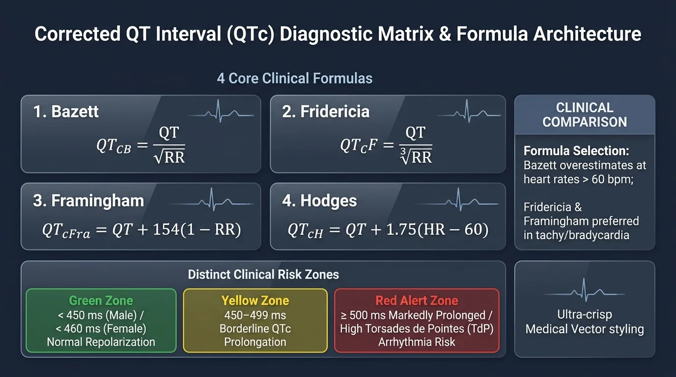 Corrected QT Interval (QTc) Diagnostic Matrix & Formula Architecture Infographic