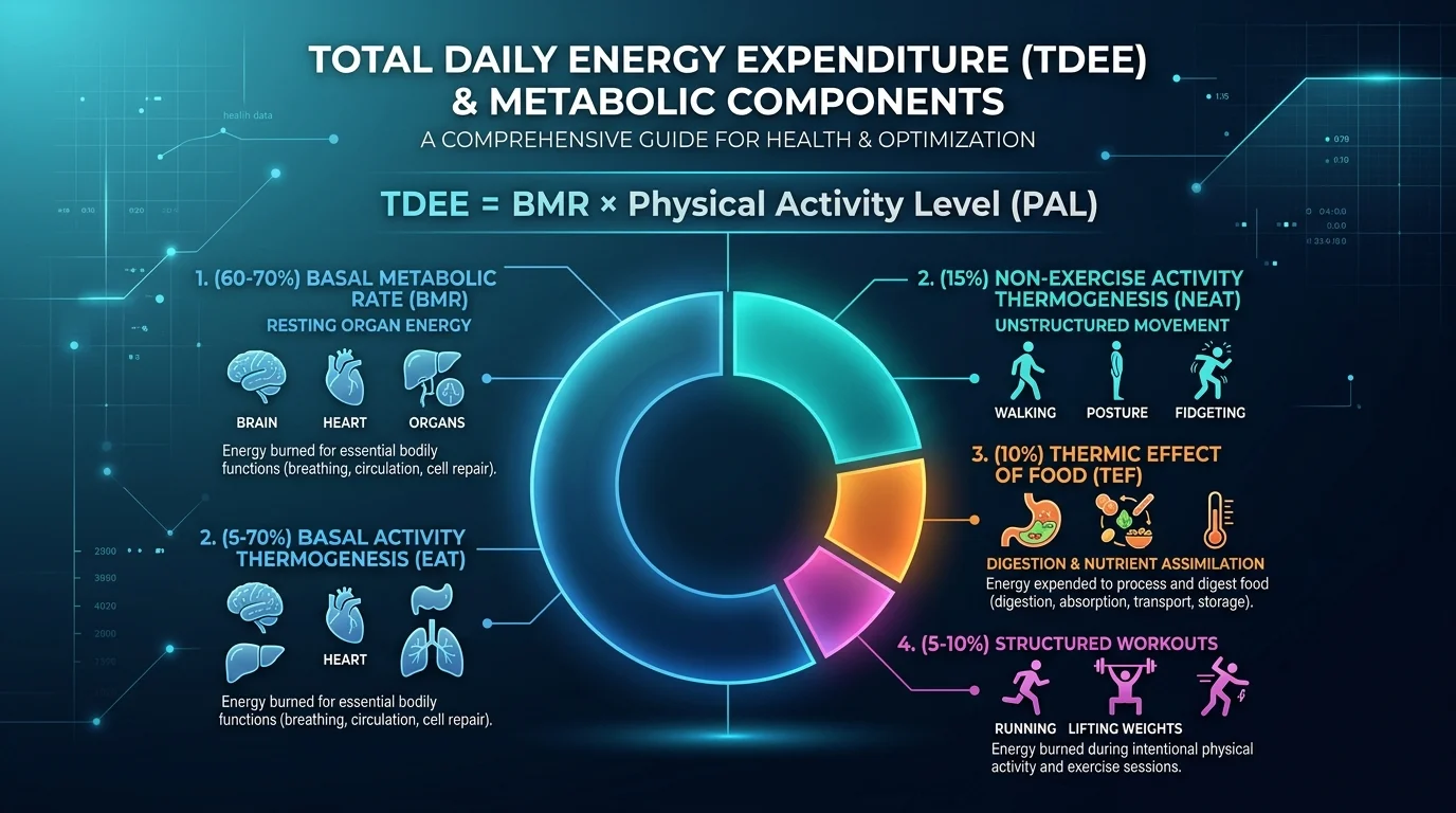 Total Daily Energy Expenditure TDEE and metabolic components breakdown infographic