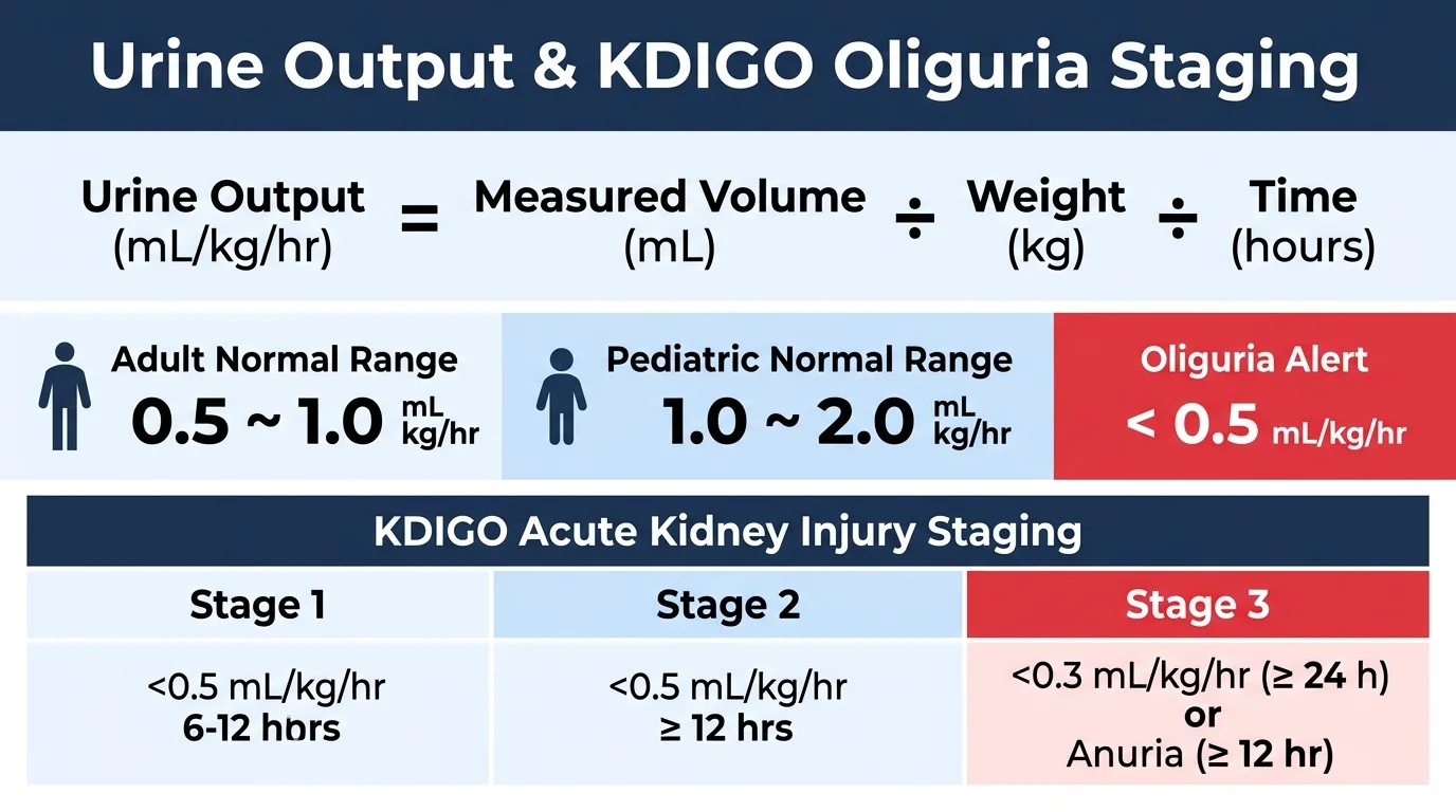 Urine output calculation formula and KDIGO acute kidney injury oliguria staging infographic