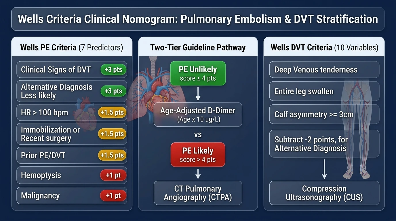 Wells Score Calculator PE and DVT Clinical Risk Stratification Infographic